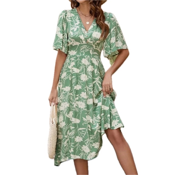 Women's Printed V Neck Flutter Sleeve Dress viscose 100% fabric for a comfortable everyday look and easy care wash