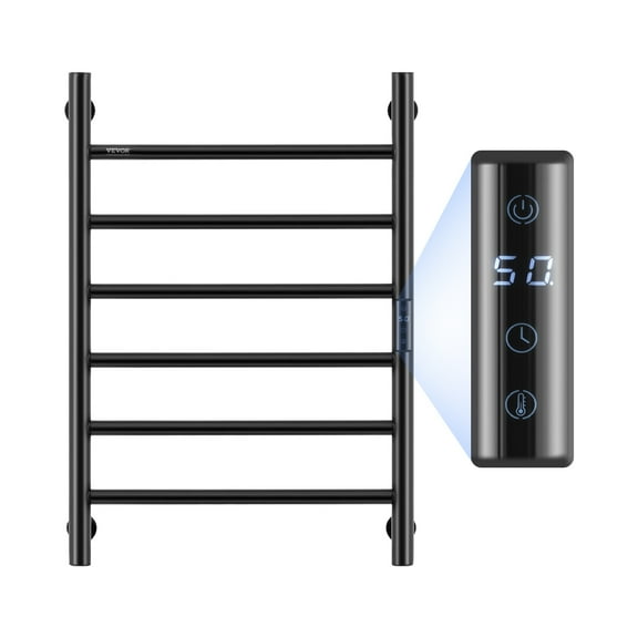 VEVOR 6 Bars Towel Warmer Rack, Wall Mounted Heated Towel Rack for Bathroom, IPX5 Waterpoof Towel Heater Rack with Timer & LED Display Screen, 5 Levels Adjustable Temperature Towel Heater, Black