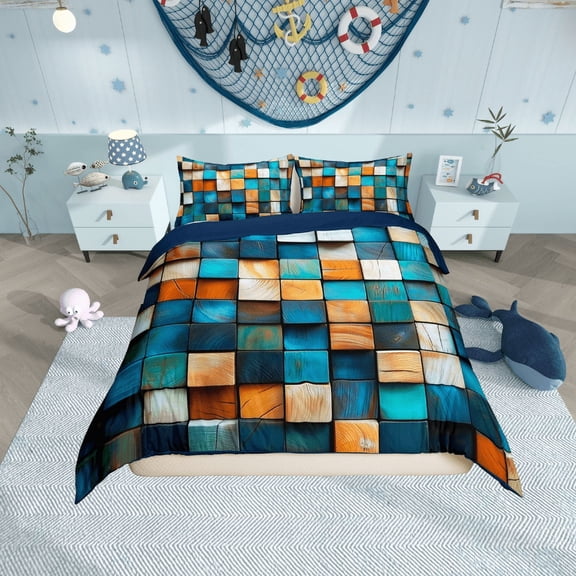 Erosebridal Blue Teal Checkered Plaid Comforter Cover Twin, Orange Buffalo Grid Bedding Twin Size, Reversible 2pcs (No Comforter)