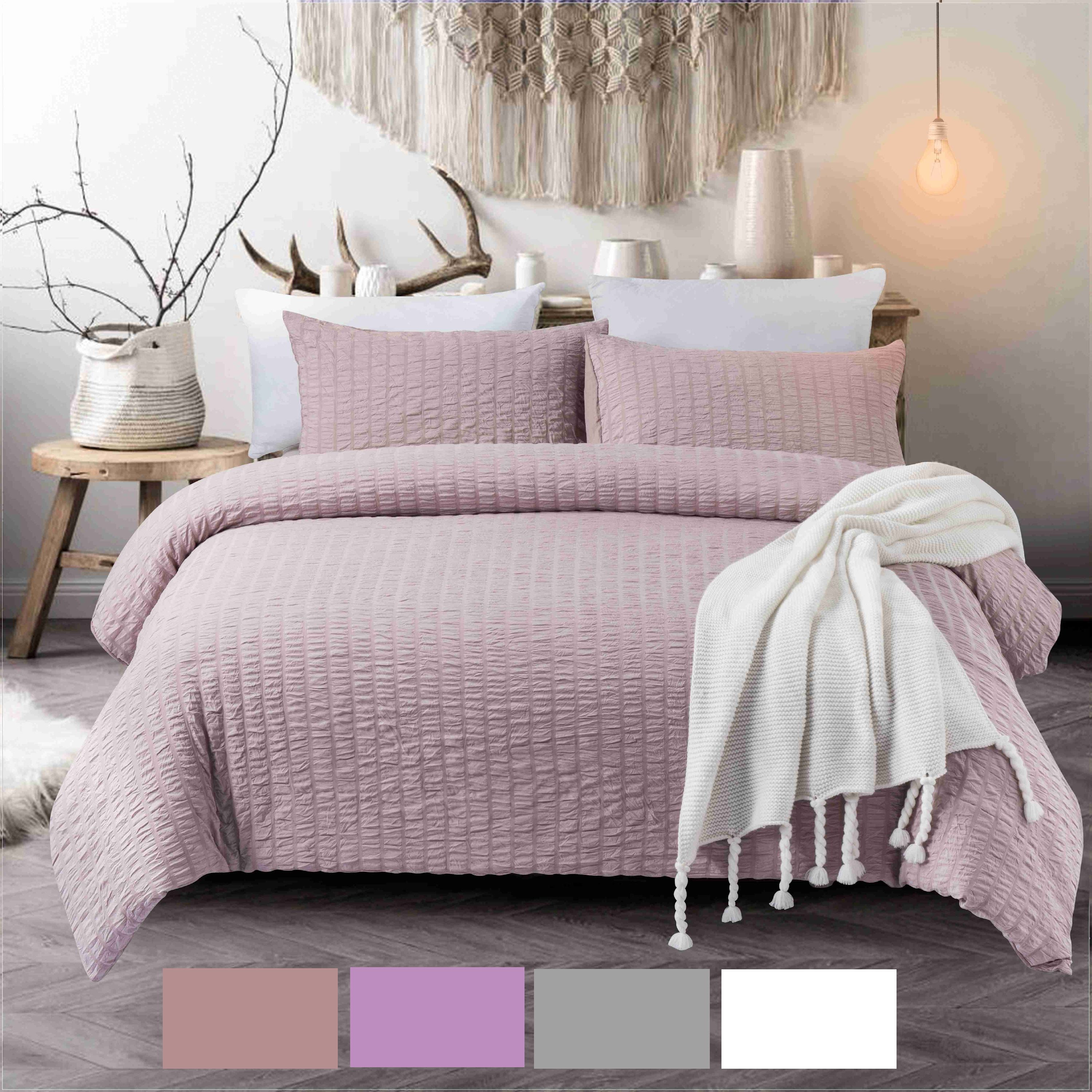 Seersucker Pintuck Duvet Cover and Pillowcase Bedding Set Pink 