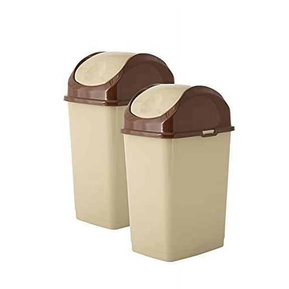 Superio 1.25 Gal Mini Plastic Trash Can with Swing Top Lid Small Waste Bin for Countertop, Desk, Vanity, Bathroom 5 Quart (2, Beige/Brown)
