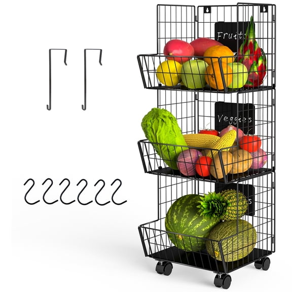 3 Layer Fruit Baskets on Wheels,Fuleadture Market Basket Stand Rolling Stackable Baskets Metal Wire Basket with Wheels Stackable Storage Bins for Kitchen Living Room Bedroom and Bathroom