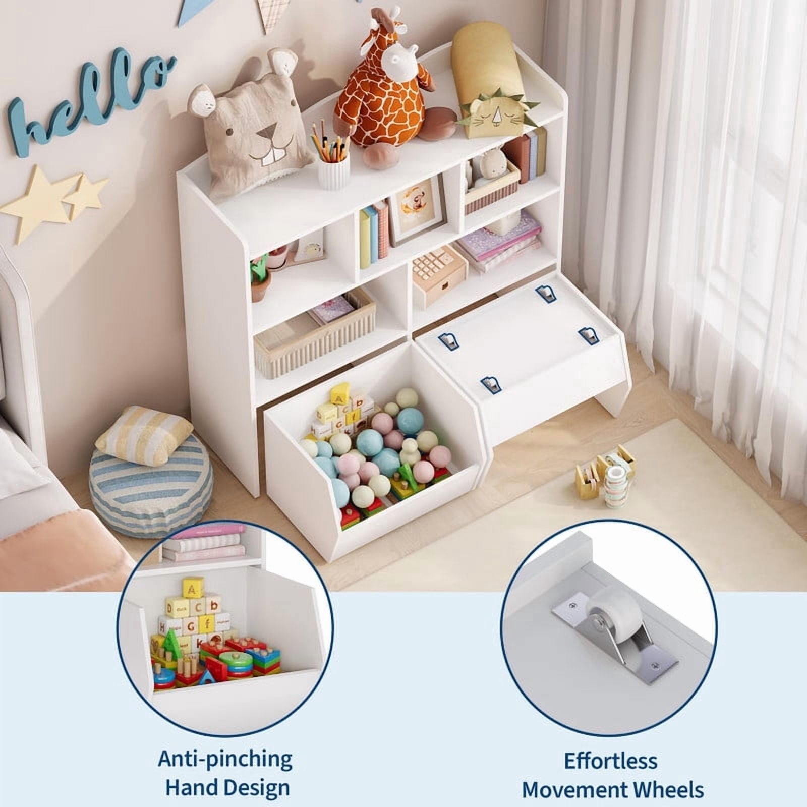 TROPOW Toy Storage Organizer with Movable Drawers, Kids Bookshelf with Hidden Wheels & Open Cubbies, Multifunctional Floor Storage Chest for Playroom