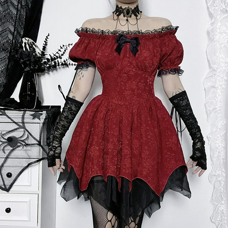 DHFJKG Elegant Gothic Dress For Women Off Shoulder Puff Sleeve Irregular Hem Lace Dress With Bowknot For Halloween Gothic And Party Stylish Dresses - Walmart.com DHFJKG Elegant Gothic Dress For Women Off Shoulder Puff Sleeve Irregular Hem Lace Dress With Bowknot For Halloween Gothic And Party Stylish Dresses - Walmart.com