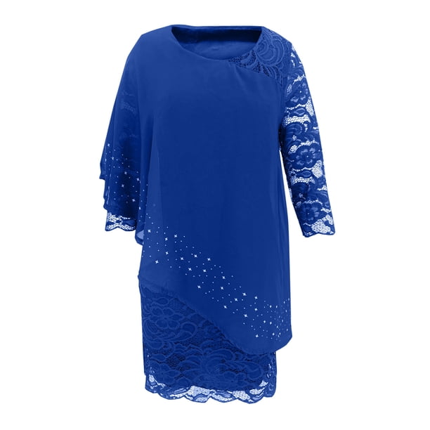knee length dresses for ladies Ladivine CDS503 Chiffon A Line Beaded Lace Dress W/ Removable Cape, Navy / 4 main image 0