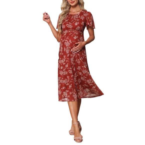 INSPIRE CHIC Maternity Flowy Floral Dress Midi Baby Shower Photoshoot Formal Casual Pregnancy Dress 2026 Summer M Brown Dress & White Flower