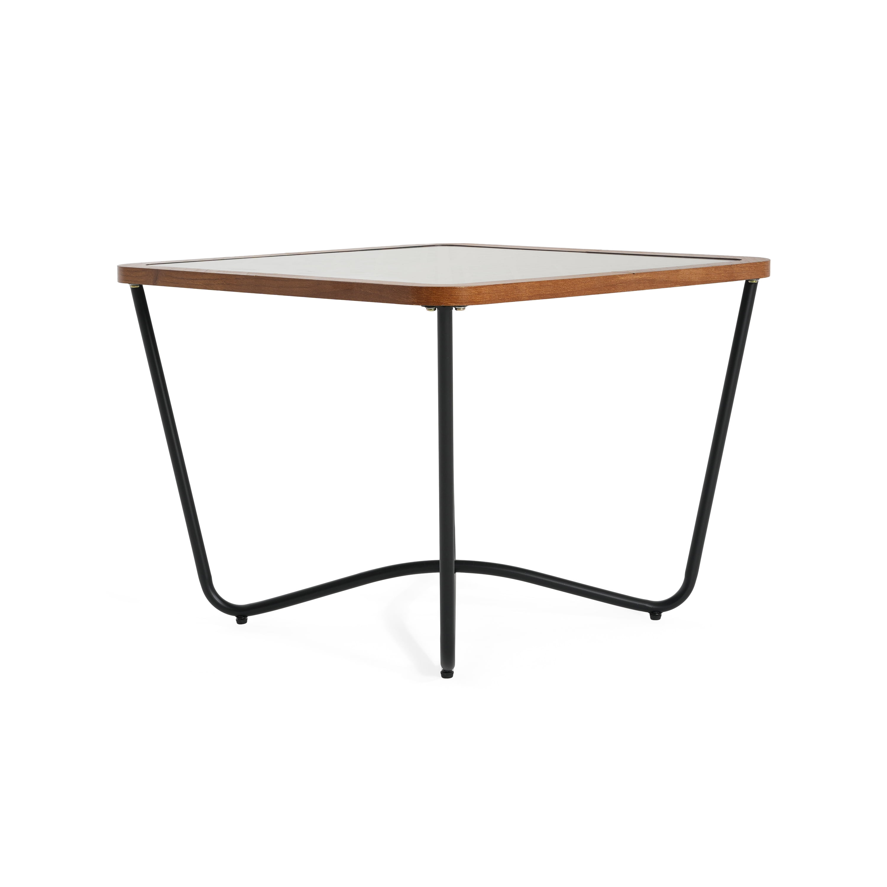 Coffee Table, Modern Square Coffee Table With Geometric Tempered Glass Top Black Metal Frame And Wood Accents, Industrial Design For Living Room, Brown Black