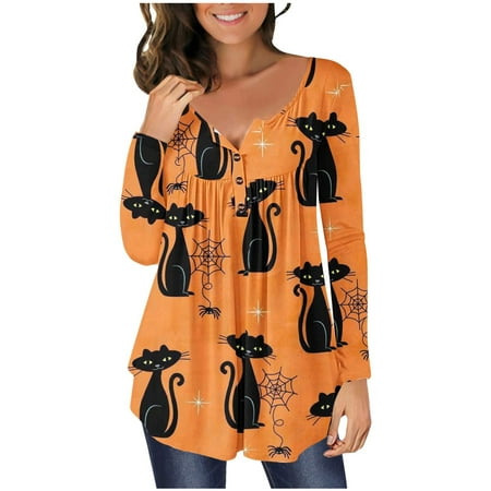 

Halloween Clothes for Women Hide Belly Tunic Tops Cute Black Cat Print Long Sleeve Henley Shirts Fall Tshirts Blouse