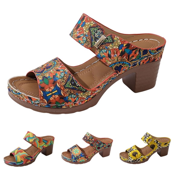 Modisza Women Low Heels Sandals with Flower Print Open Toe Slip on Slides Chunky Block Heel Dress Slide Shoes for Summer Size 6 Blue
