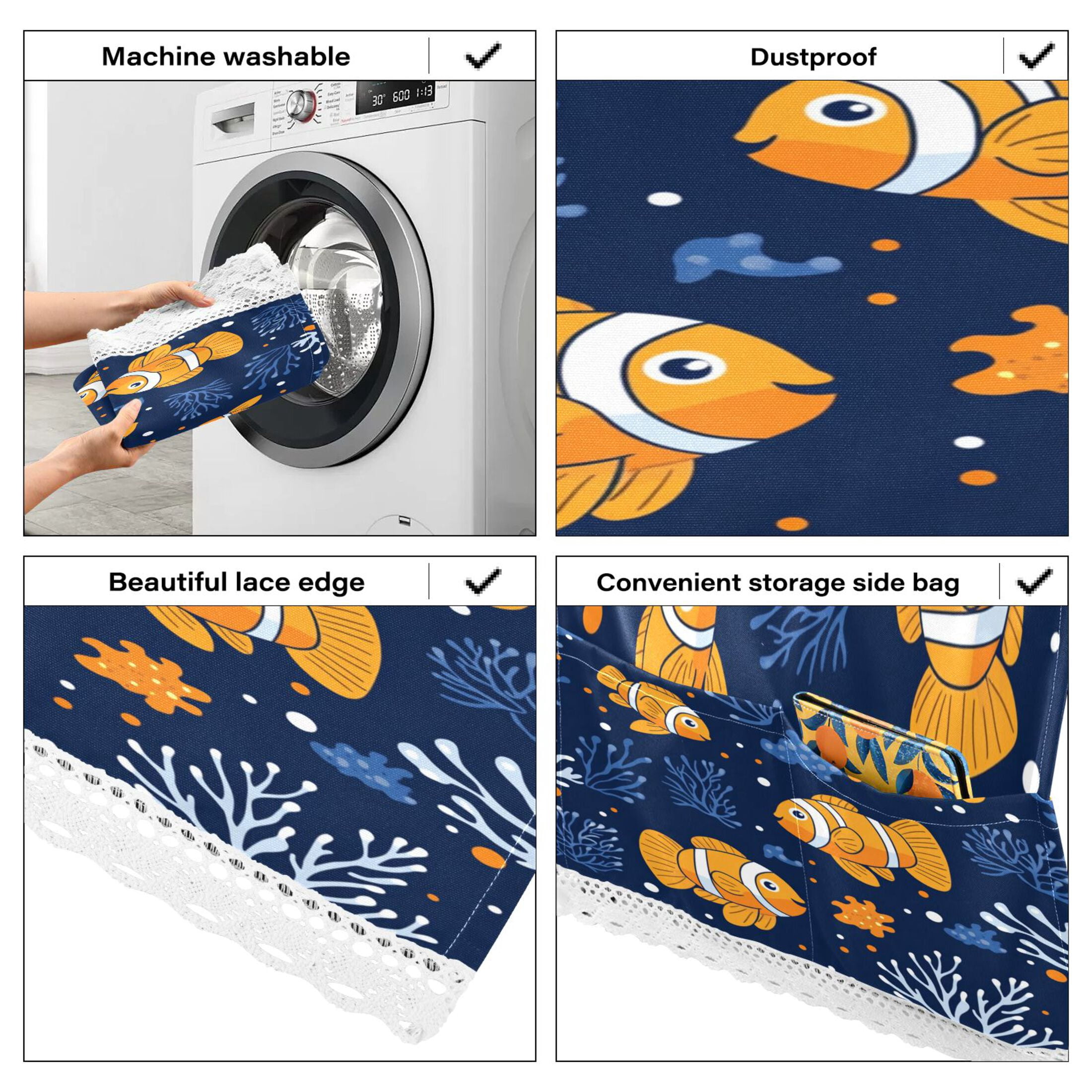 Washing Machine Cover 51.2x22in, Durable Polyester Dust Cover with Lace Trim and Side Pocket for Appliances Cute Clownfish Pattern