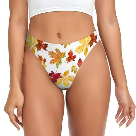 Qokaie Autumn Leaves 1 Printed Women s Cotton Thong Underwear  Sexy Breathable Panties G-string-Small