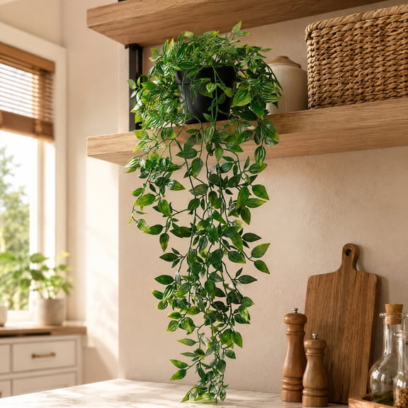 Fake Plant Decor, Hanging Fake Plant, Hanging Greenery Decor, Plant Decorations, 26 Inch Artificial Potted Hanging Vines with Black Plant Pot for Indoor Display, Easy to Maintain
