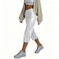 thumbnail image 4 of Women’s Faux Leather Capri Pants Elastic High Waist with Zipper & Button Closure, Loose Straight Wide Leg Cropped Trousers with Pockets White, 4 of 9