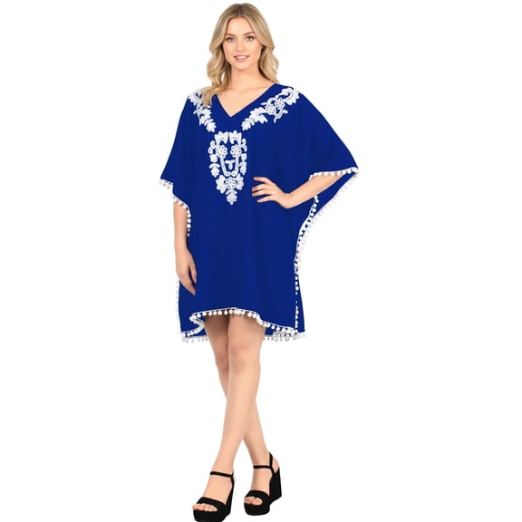 HAPPY BAY Women's Beachwear Summer Beach Dress Plus Size Swimsuit Cover-up Mini Caftan 2X-3X Mary Blue_AC749