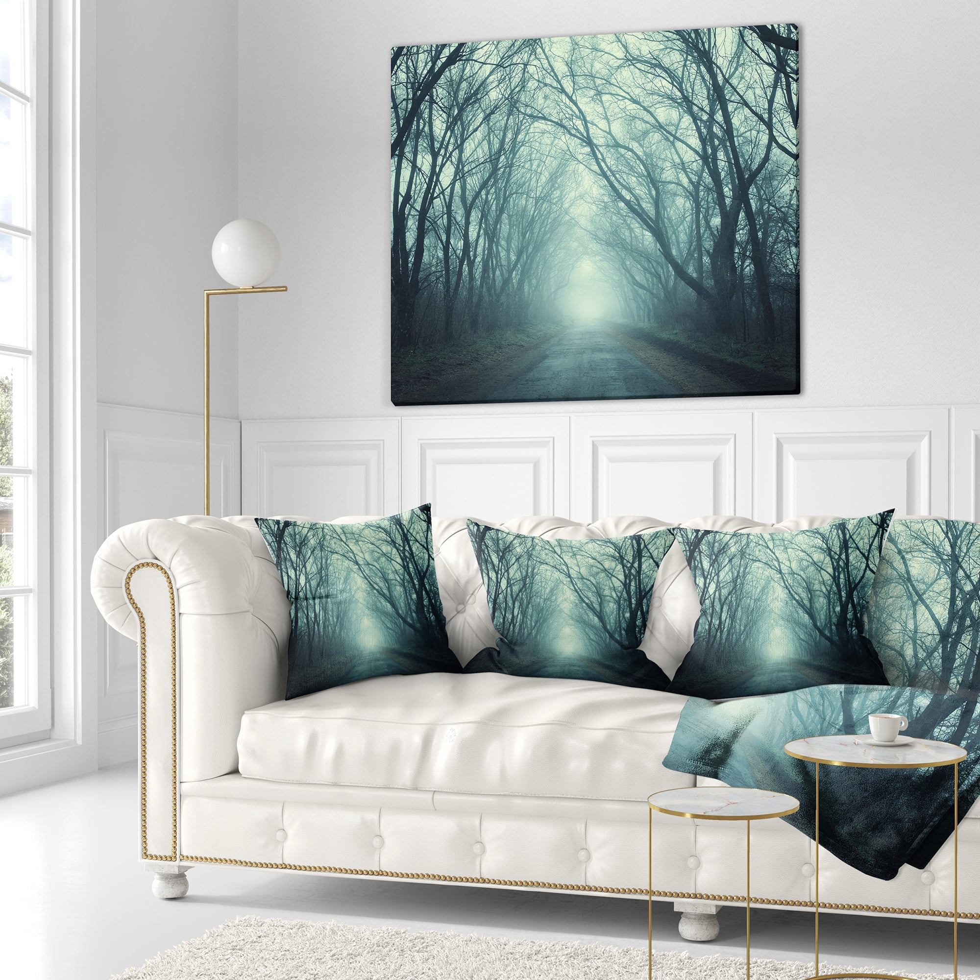 Designart Scary Forest with Green Light - Landscape Photography Throw Pillow - 16x16