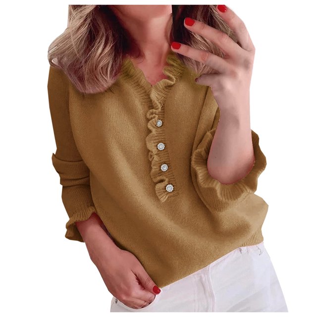 Gibobby Suéter Para Invierno Mujer Damas de manga larga Sweater Casual Solid Color abotonado Top Ruffle Pullover(Naranja,M)