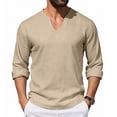 thumbnail image 2 of Cotton Linen Shirts for Men 2026 Spring Summer Casual Lightweight Relaxed Fit Long Sleeve V Neck Plain Shirt, 2 of 4