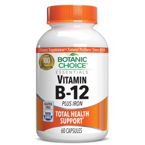Botanic Choice Vitamin B-12 Plus Iron Dietary Supplements for Healthy Blood Cell Support and Daily Nutritional Support, 100 Capsules