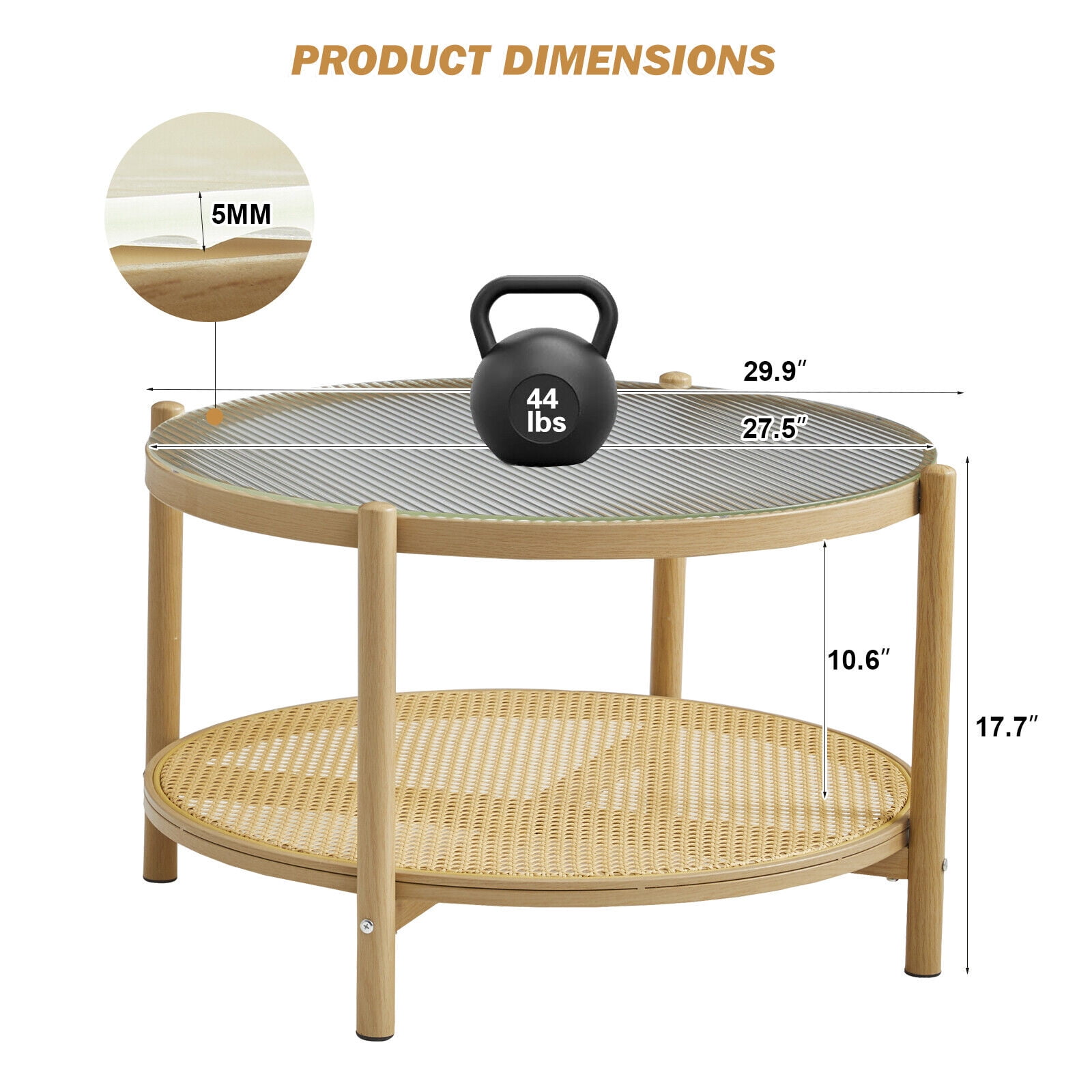 COSVALVE Set of 2 Round Rattan Coffee Tables 2-Tier Glass Metal Side End Table Bedroom Living Room