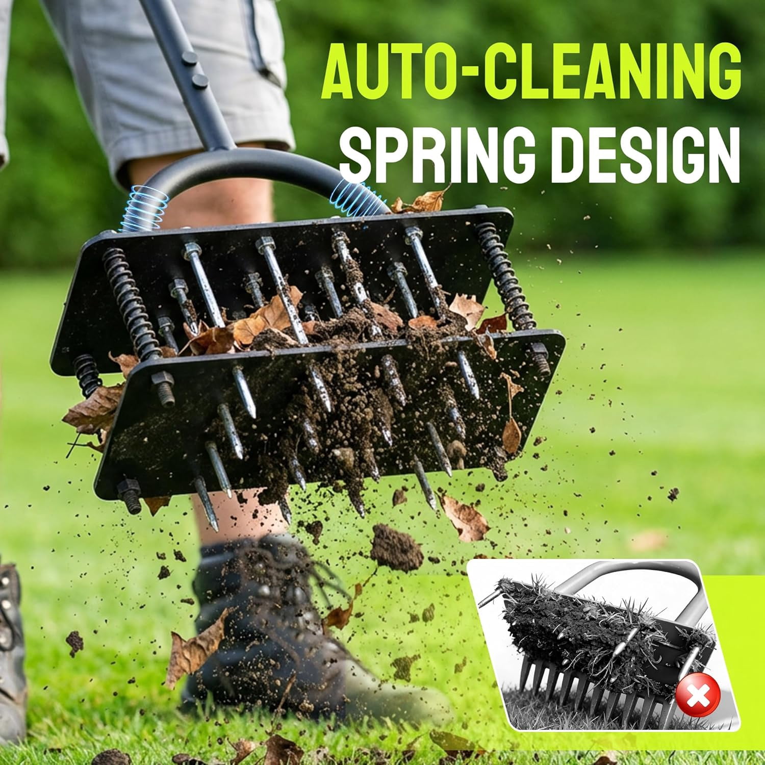 Lawn Aerator Manual Tool with 16 Spikes, Metal Grass for Yard, Aeration, Automatic Dirt Clean Soil Loosening & Yard Pre-Assembled (Black Green)