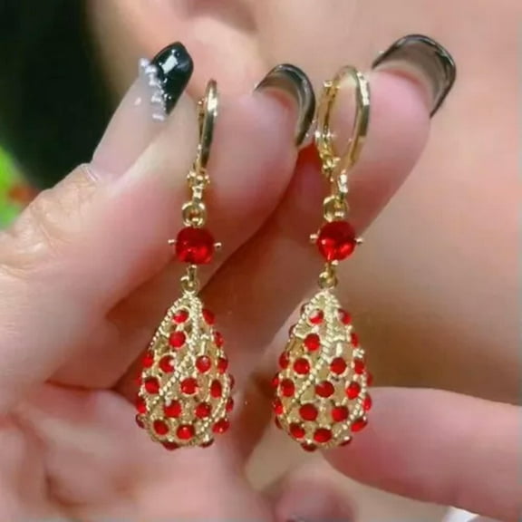 BLOPQ Fashion Waterdrop Zircon Hoop Earrings Stud Women Drop Dangle Wedding Jewelry-Red
