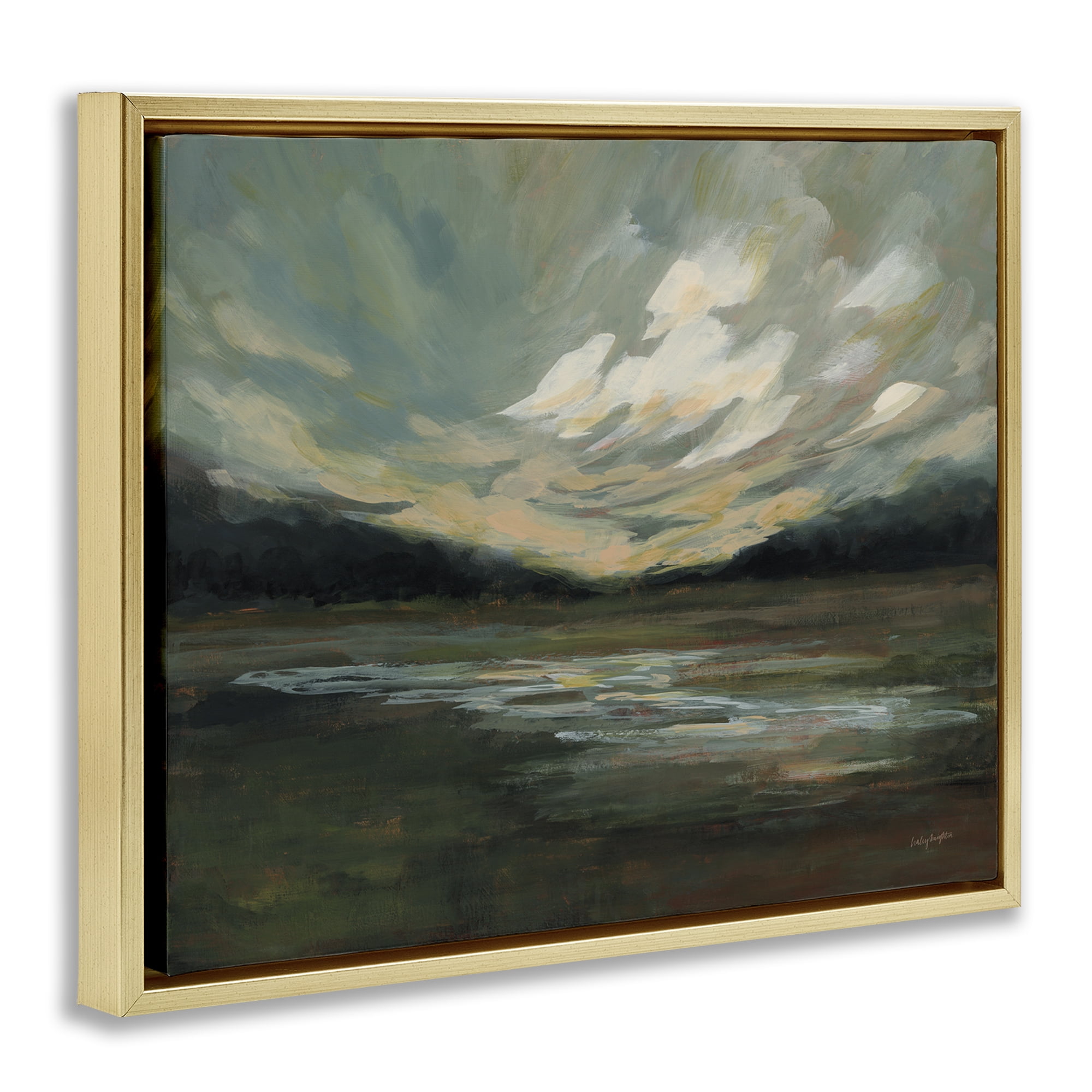 Stupell Industries Billowing Clouds Landscape Landscape & Nature Painting Gold Floater Framed Canvas Art Print Wall Art, 21 x 17