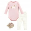 Hudson Baby Infant Girl Cotton Bodysuit, Pant and Shoe 3pc Set, Gold Unicorn, 0-3 Months
