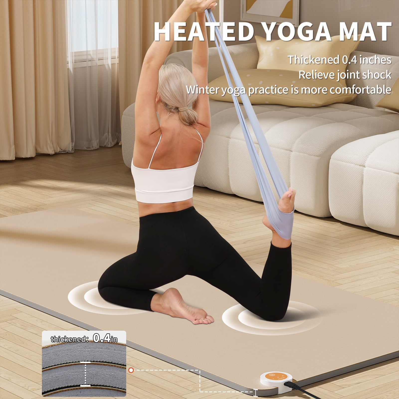 4W Heating TPE Non-Slip thick Yoga Mat for Home Workout, 3-Level Adjustable Constant Temperature (Beige)