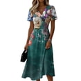 thumbnail image 3 of Watercolor Floral Print Dress for Women V Neck Short Sleeve Dress A Line Midi Casual Summer Outfit Flowy Lightweight Party Wear Vacation Boho Chic Dark Green XXXL, 3 of 6