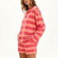 thumbnail image 4 of BRELIL Women's Two Piece Outfits Striped Lounge Set Long Sleeve Round Neck Pullover Top with Shorts Casual Loose Knit Tracksuit for Summer Vacation Travel, Hot Pink M, 4 of 6