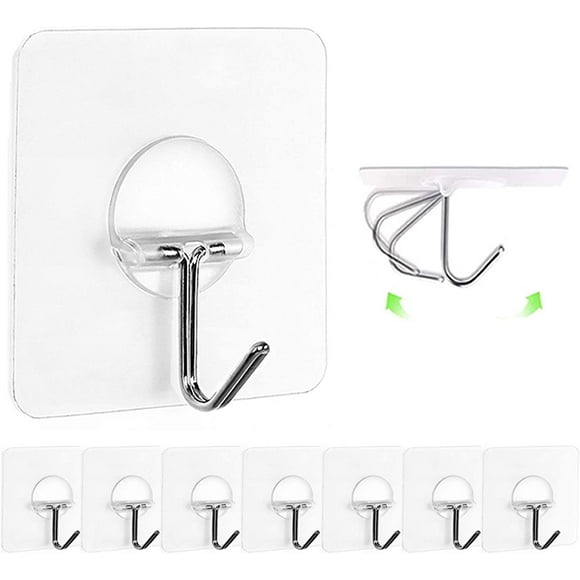 Wall Hooks 13lb(Max) Transparent Reusable Seamless Hooks,Waterproof and Oilproof,Bathroom Kitchen Heavy Duty Self Adhesive Hooks,8 Pack