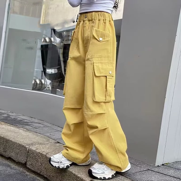 Girls Straight Leg Cargo Cargo Pants, Loose Casual Elastic Waist