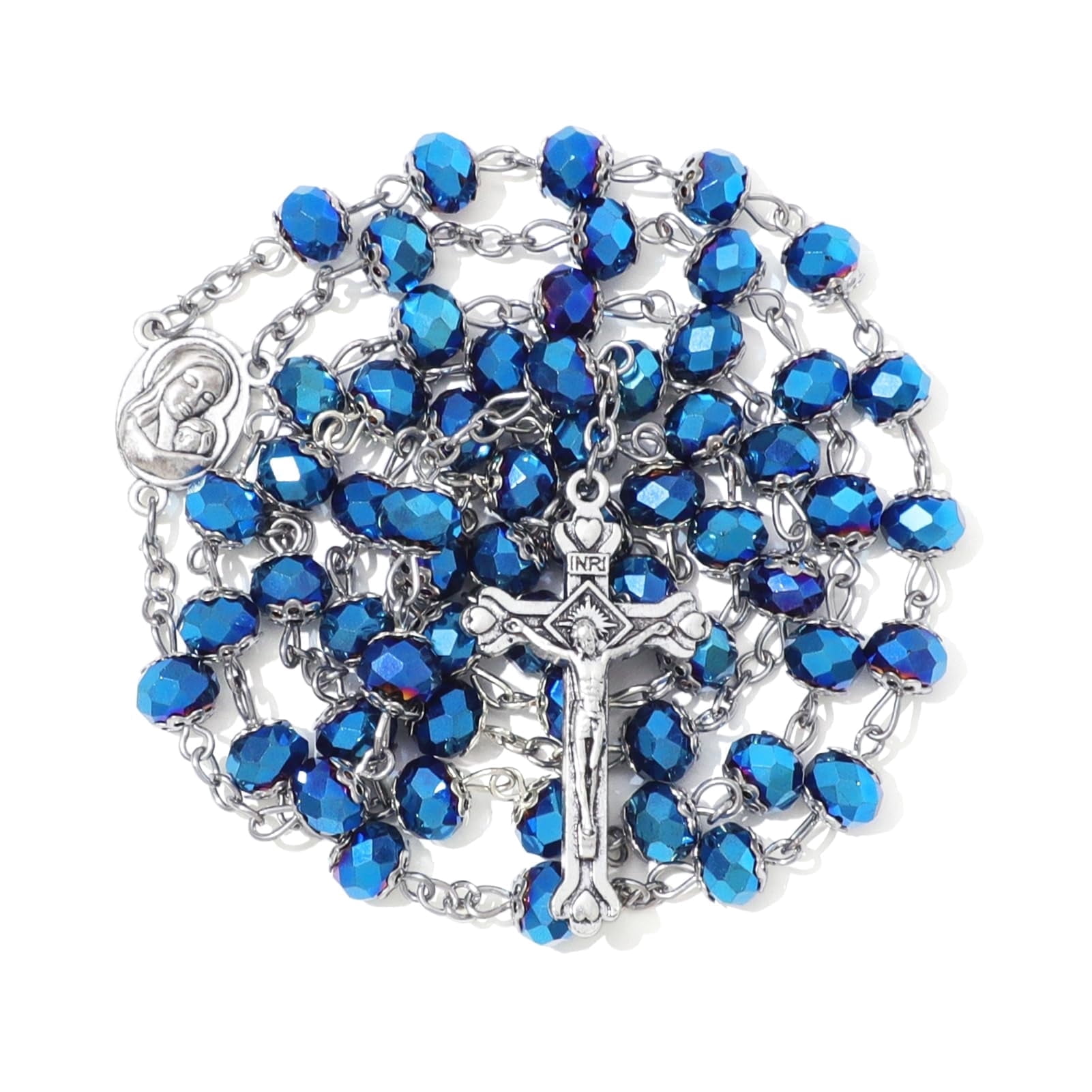 KOMI 8mm Blue Glass Crystal Beads Rosary Necklace with Holy Soil Medal & Crucifix Cross Catholic Rosary Gifts for Women