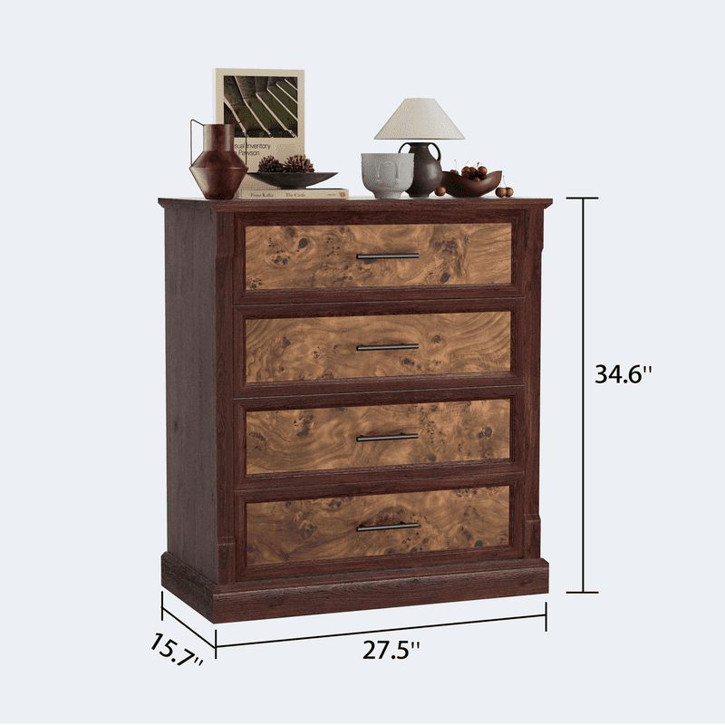TROPOW Farmhouse 4 Drawer Dresser for Bedroom, Tall Chest of Drawers with Metal Handles, Rustic Wooden Dresser TV Stand, for Living Room, Hallway,Brown