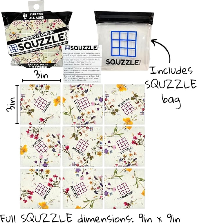Squzzle Puzzle – 9-Piece Travel Puzzle Game | Screen-Free Brain Teaser Puzzle for Focus & Problem Solving | Collect All Designs | Teacher Gift | Middle School Classroom Center (Pressed Flowers)