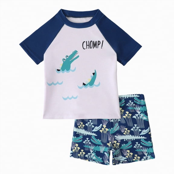 Ymyiu Boys Bathing Suit Boys Two Pieces Swimsuit Set Short Sleeve Kids Boys Bathing Suit with Sun Cap 3T 4T (White,3-4 Years)