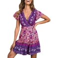 thumbnail image 1 of SURJDE Womenu2019s Summer Wrap V Neck Bohemian Floral Print Ruffle Swing A Line Beach Mini Dress, 1 of 7