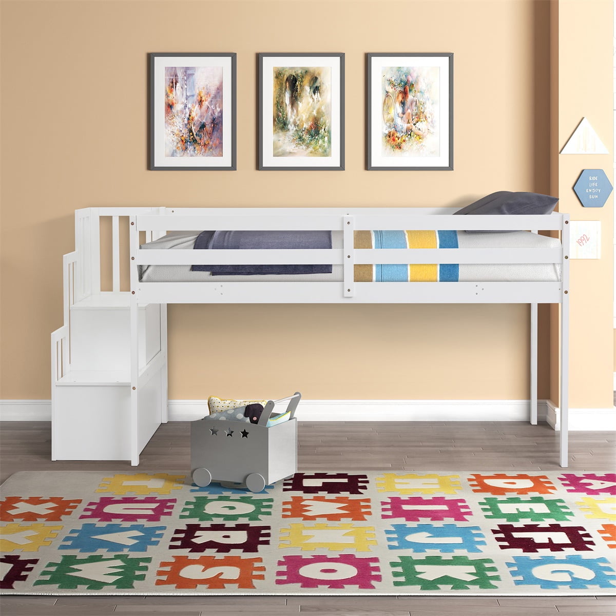 Lowestbest-Staircase Loft Bed with Stairs Storages, Twin Size Solid Wood Bunk Bed for Kids, White Lowestbest-Staircase Loft Bed with Stairs Storages, Twin Size Solid Wood Bunk Bed for Kids, White