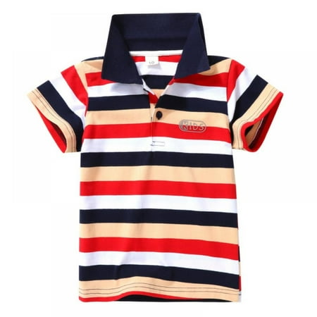

Newway Kids Boys Striped Clothes Summer T-Shirts School Children Clothing Cotton Short Sleeve Turn-down Collar Sports Tops Size 1-7Yrs S 3-4Years