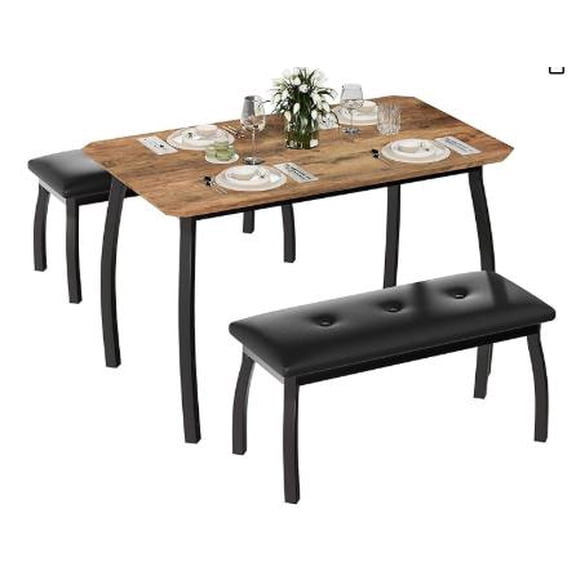 3-Piece Dining Table Set for 4 People,43.3" Kitchen Table Set with 2 Benches,Dining Room Table with Metal Frame for Home Kitchen Dining,Easy Assembly