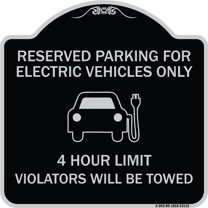 SignMission Designer Series Sign - Reserved Parking for Electric Vehicles Only - 4 Hour Limit - Violators Will Be Towed | Black & Silver 18" X 18" Heavy-Gauge Aluminum Architectural