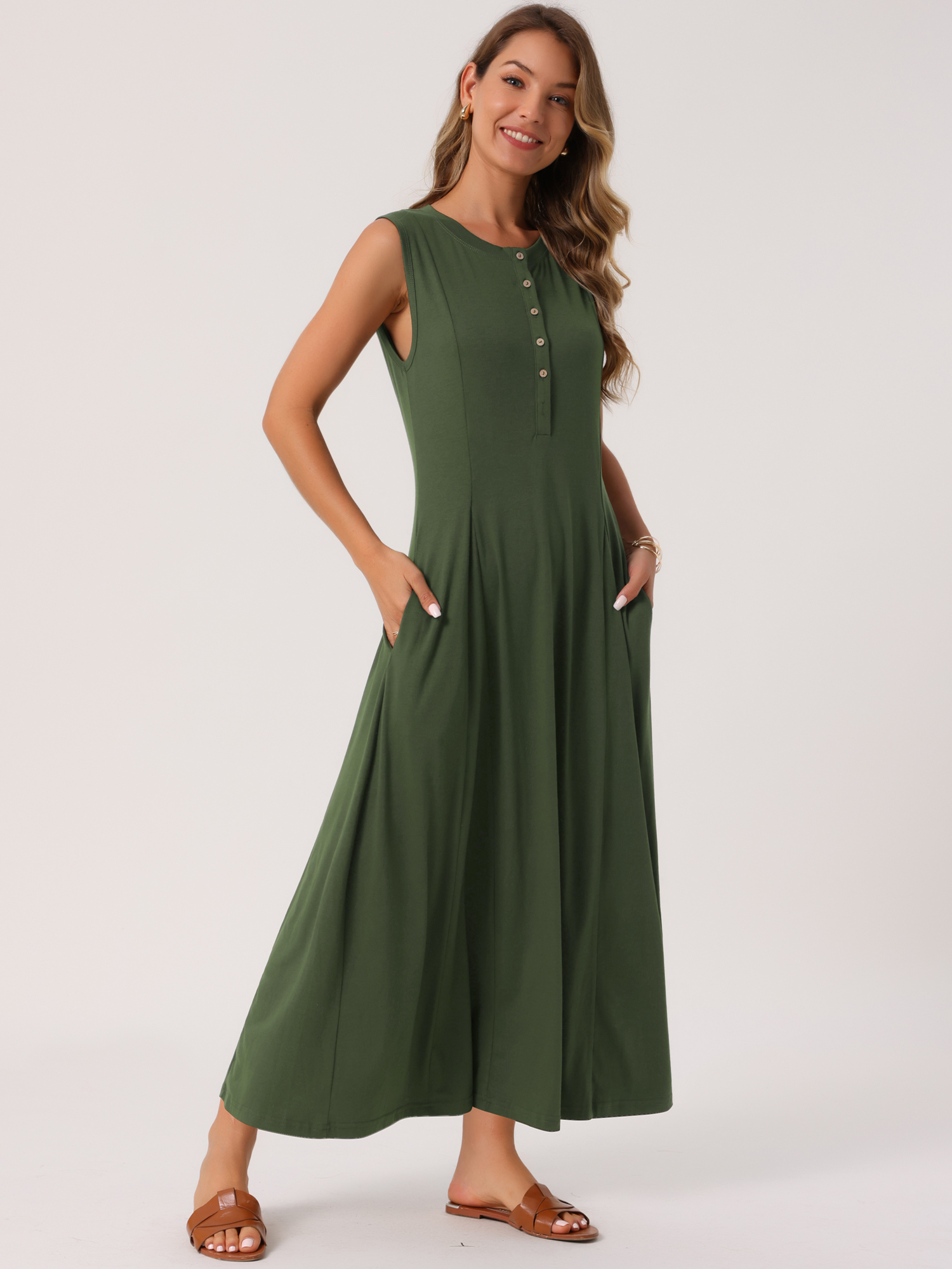 DARING DIVA Sleeveless Button A-Line Casual Maxi Dress M Army Green