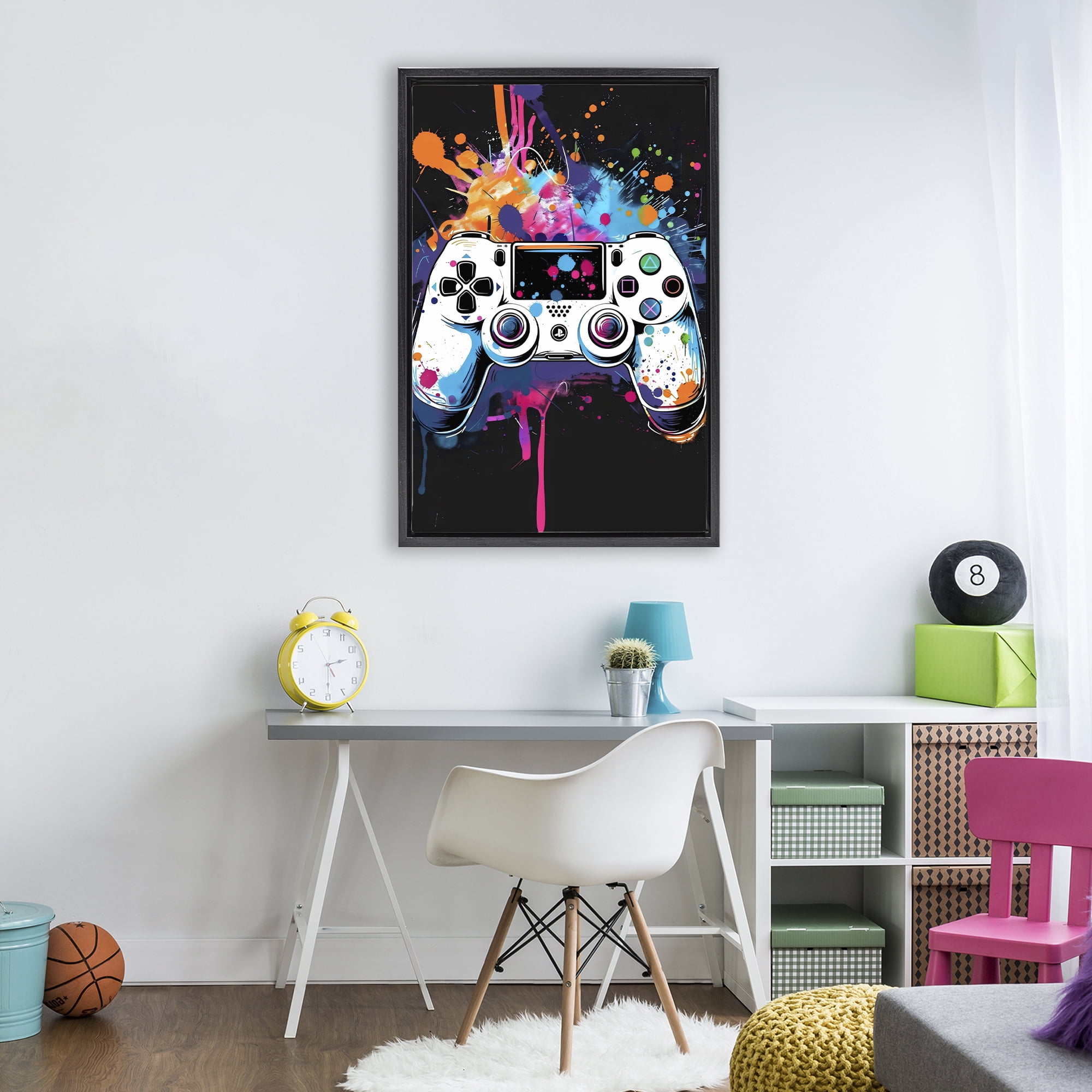 Stupell Industries Controller Contrast with Neon Splatter Black Framed Floater Canvas Wall Art, design by Creative Studio