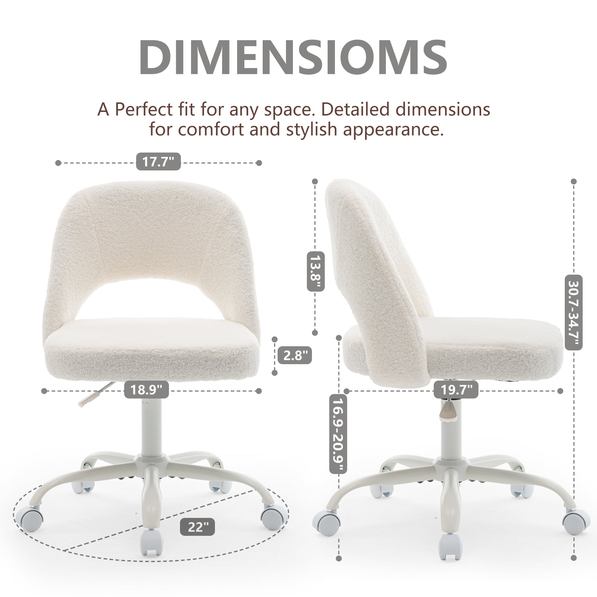 ENYLAY White Fluffy Teddy Fleece Vanity Chair, Height Adjustable 360° Swivel Rolling Desk Chair, Ergonomic Upholstered Makeup Chair, Modern Cute Accent Chair for Bedroom Home Office Vanity Room