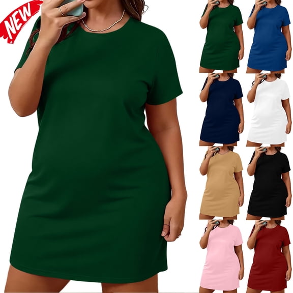 Taqqpue Plus Size Summer Dresses for Women Casual Short Sleeves A Line Midi Dress Round Neck Loose and Comfortable Short Nightgown for Women