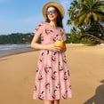 thumbnail image 4 of Fotbe Smiling Pink Pumpkins Vestido Largo de Moda para Mujer, Vestido Tipo Camiseta con Manga Corta y Estilo Casual a Rayas y Bloques de Color, 4 of 6