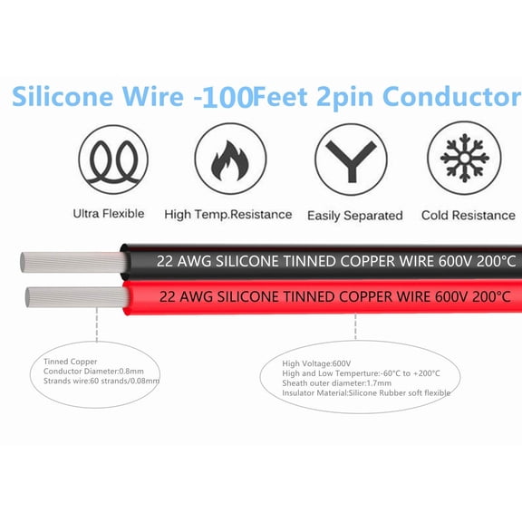 UYGDUY-22 Gauge Wire 2 Conductor Parallel Wires 100 ft Silicone Insulated Electrical Wires - 22 awg Wire Flexible Silicone Wires of Stranded Tinned Copper Wires, Solder Through Quickly
