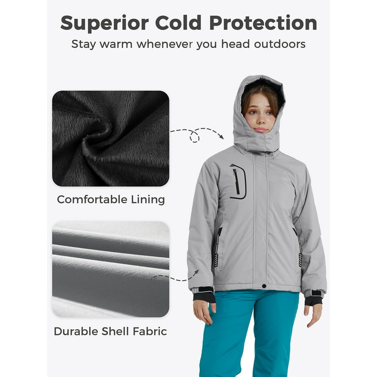 Wantdo Warm Waterproof Hooded Grey Ski 6/7 Fleece Jacket Coat Girl\'s Winter Skiing Jacket