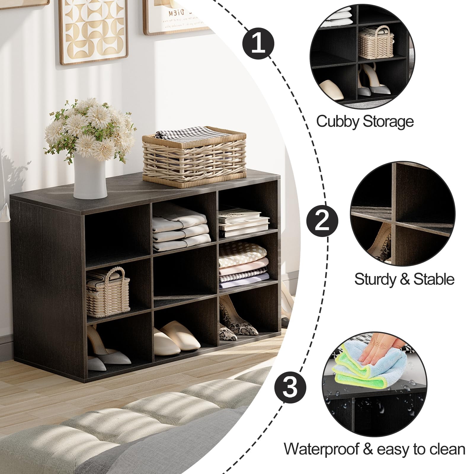 Shoe Storage Bench, Cubby Shoe Rack with 9 Cubbies, 3-Tier Wood Shoe Rack Organizer, Shoe Organizer Cabinet for Entryway, Hallway, Closet and Garage, Black