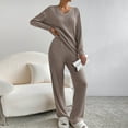 thumbnail image 5 of BLOCLOALO 2 Piece Lounge Set Long Sleeve Tops Women's 2023 Fashion Casual Straight Leg Pants Loose V Neck Knit Set V Neck Blouses Knit Sweater Womens Lounge Outfit Khaki Xl, 5 of 7